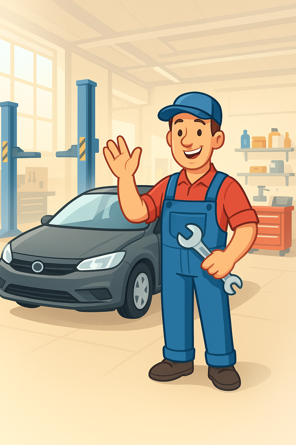 Professional auto service center with technicians working on vehicles